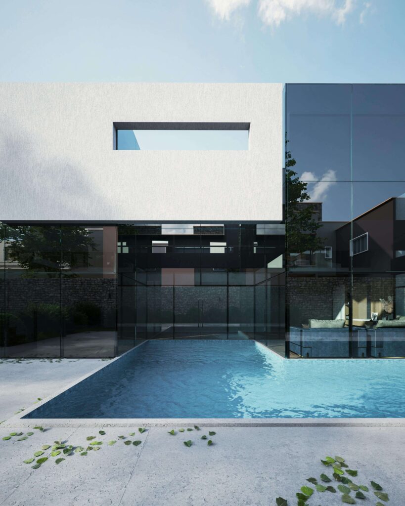 geometric minimalist pool construction Dubai villa